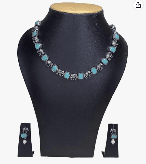 Blue Stone Elephant Oxidized Necklace