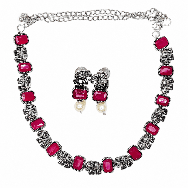 Ruby Red Elephant Oxidised Necklace