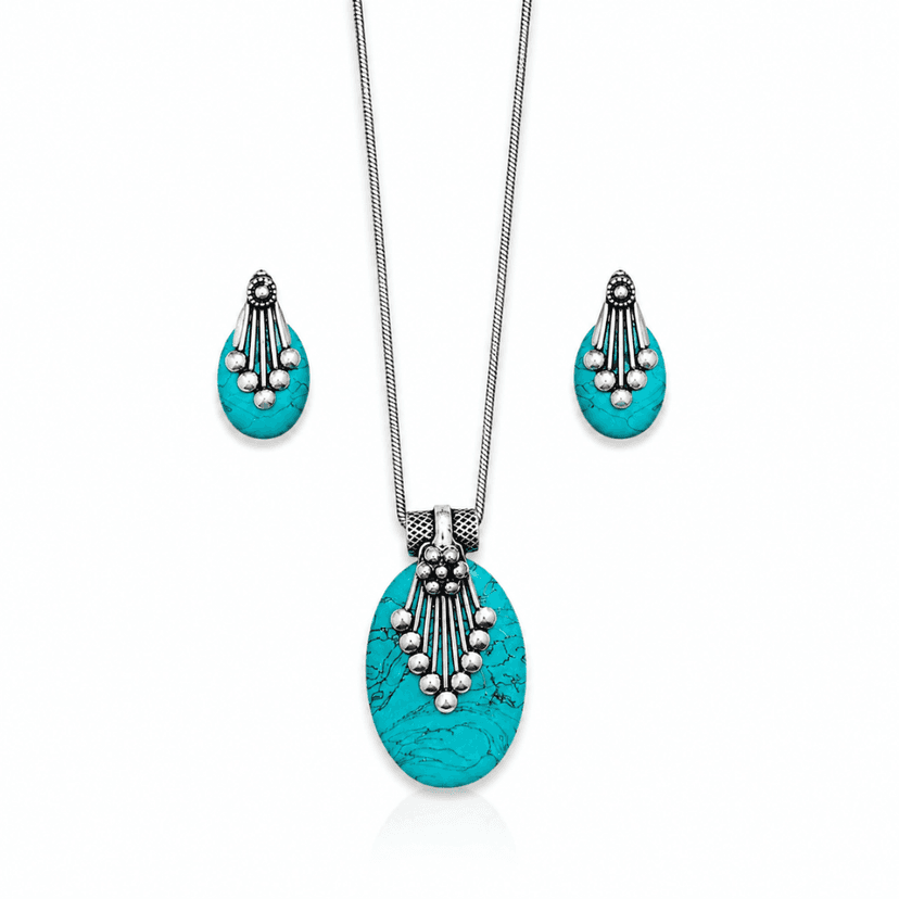 Turquoise Oval Pendant with Earring - Image 1