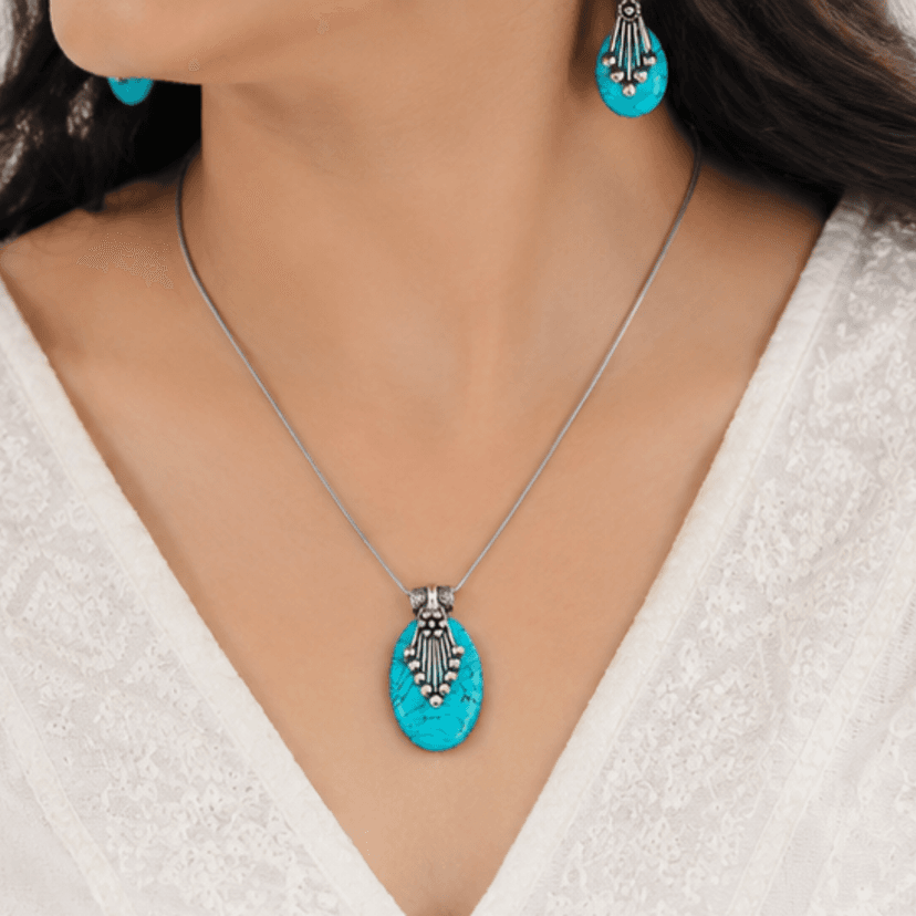 Turquoise Oval Pendant with Earring - Image 2