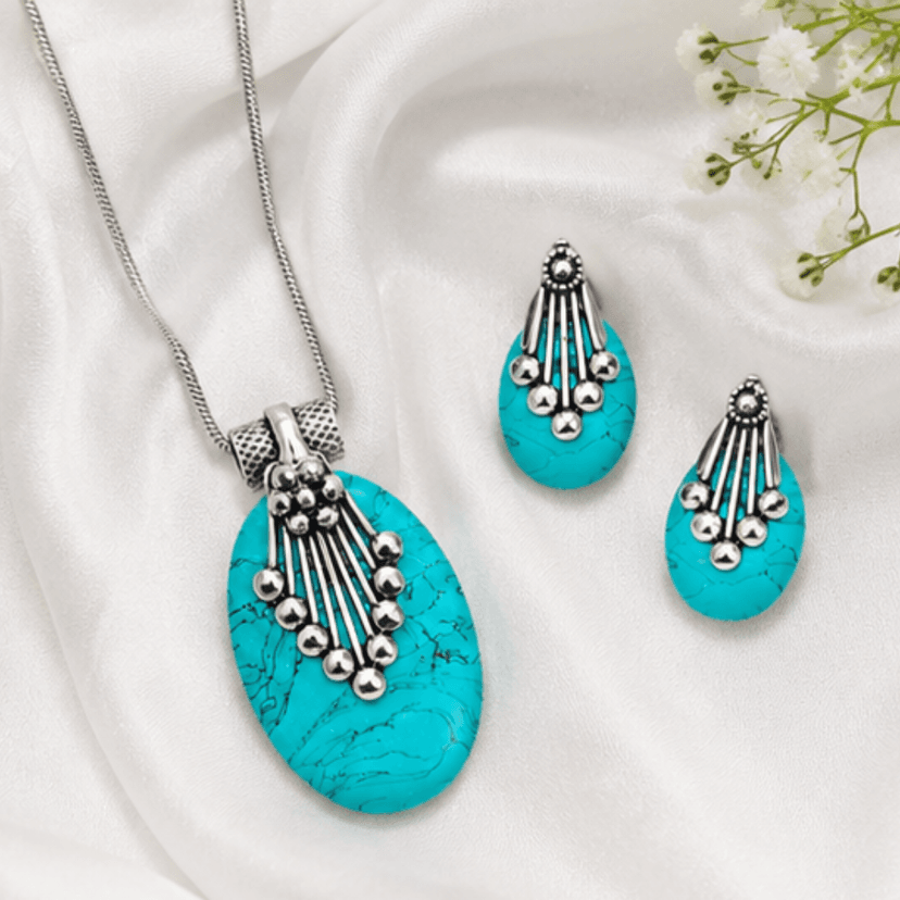 Turquoise Oval Pendant with Earring - Image 3