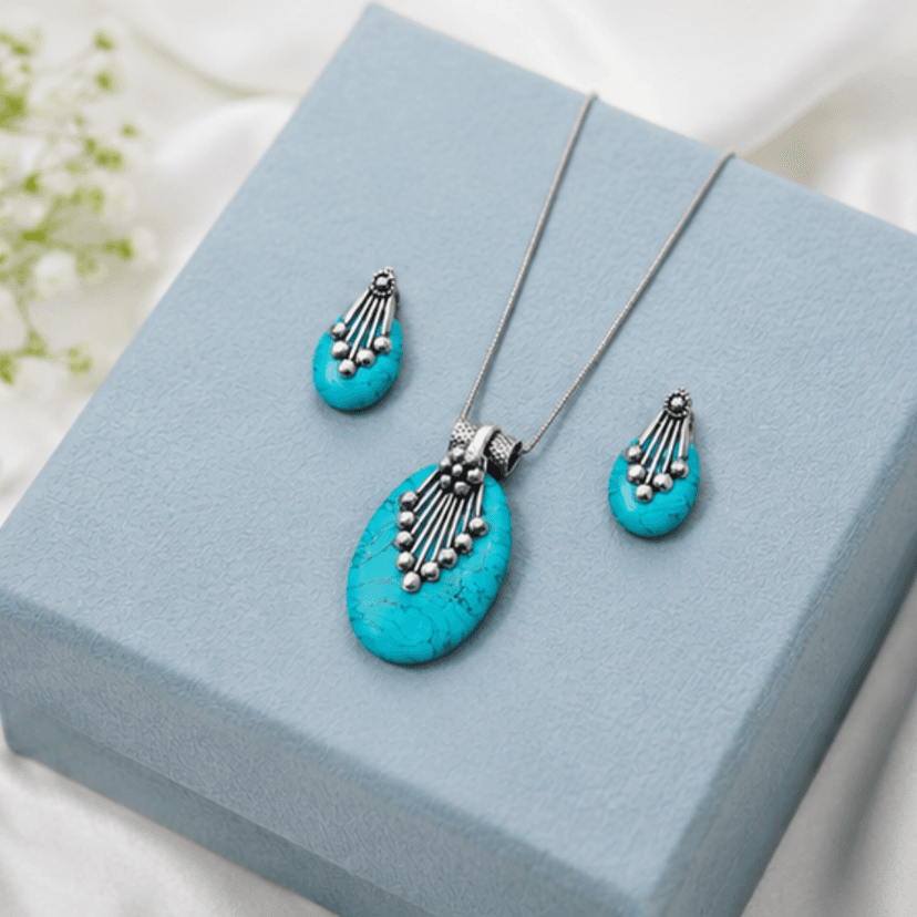 Turquoise Oval Pendant with Earring - Image 5